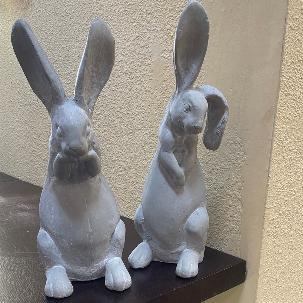 Gray Ceramic Bunny Pair Sculpture - Home Art